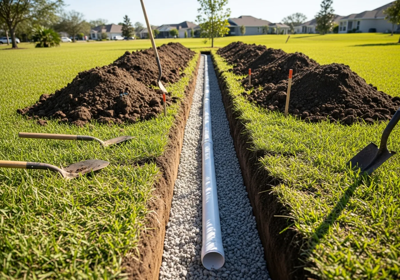 Technician installing a french drain for yard drainage in New Smyrna Beach